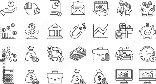 Professional Finance and Investment Line Icon Set Featuring Banking Symbols, Global Currency, Money Growth, Savings, and Startup Rocket Icons for FinTech Apps