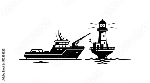 Maritime Vessel and Lighthouse Vector Illustration