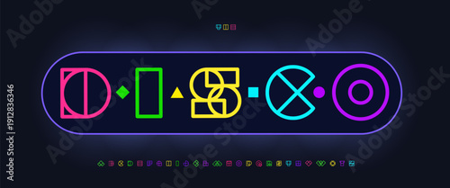 Outline Colorful Font, Modular Capsule Alphabet, Geometric Shapes Letters, Vibrant Neon Typography, Arcade Game Logo, Creative Disco Headline. Gambling Casino Betting Typeface. Kid Cyber Tech Typeset