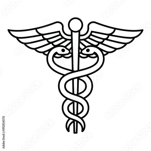 The caduceus symbol features two snakes intertwined around a winged staff isolated on white background, Vector