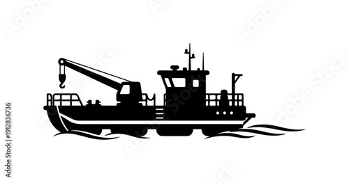 Black and White Vector Tugboat Illustration