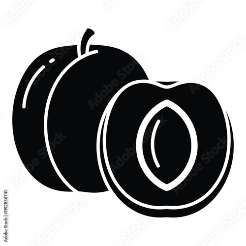 Two black and white plums with one cut in half to reveal the pit. isolated on white background, Vector