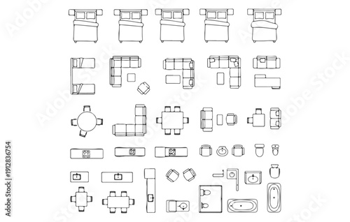 Architectural Furniture Symbols Set in Top View Featuring Various Bed Sizes, L-Shaped Sofas, Dining Tables, Bathroom Fixtures, and Kitchen Appliances for Interior Design CAD Blueprint Floor Plan..ai