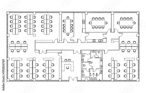 Architectural Office Floor Plan Layout in Top View Featuring Modern Workspace Arrangement with Open Plan Workstations, Meeting Rooms, Private Offices, and Kitchen for Interior Design CAD Blueprint..ai