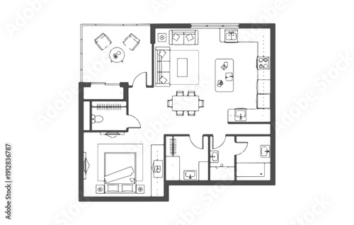 Architectural Residential One-Bedroom Apartment Floor Plan Layout in Top View Featuring Open Plan Living Room, Large Kitchen with Island, Master Suite, Walk-in Closet, and Outdoor Patio CAD Blueprint.