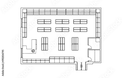 Architectural Retail Clothing Store Floor Plan in Top View Featuring Shelving Units, Clothing Racks, Fitting Rooms, and Cashier Counter for Commercial Interior Design CAD Blueprint.ai