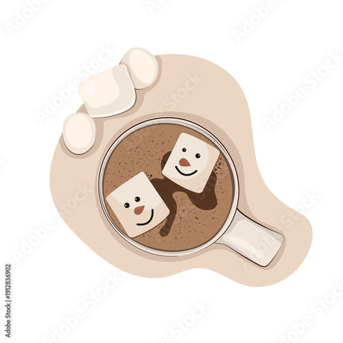  minimal top of cup coffee with marshmallow background in warm brown and beige colors