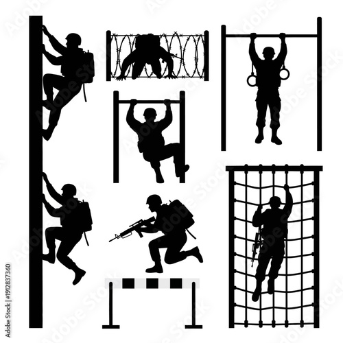 Silhouette illustrations depicting various army obstacle course challenges