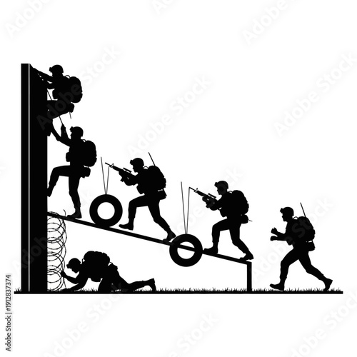 Silhouetted soldiers scaling a wall and navigating obstacles during a mission