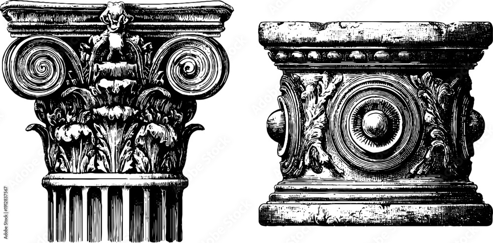 Fototapeta premium Ancient architectural elements in intricate engraved illustrations for design and decoration