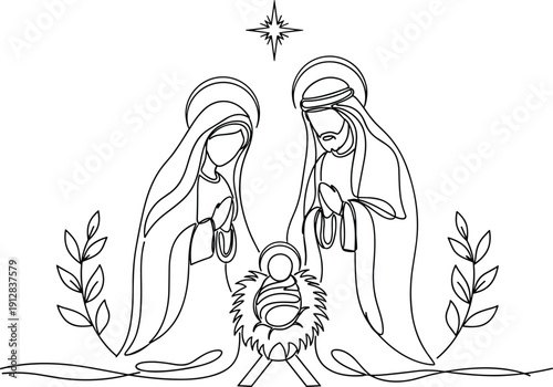 Nativity scene line art holy family Mary Joseph baby Jesus manger Christmas religious illustration minimal outline vector isolated white background