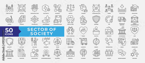 Sector of society icon set collection. Containing agriculture, education, healthcare, energy, technology, transportation, arts, justice and more icon. Simple Line Vector Illustration. 