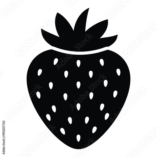 A black and white illustration of a strawberry with seeds and a leafy top isolated on white background, Vector