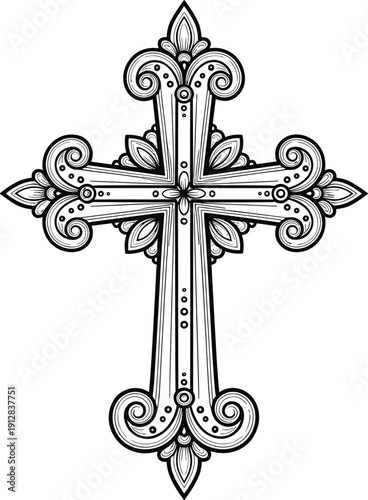 Ornate decorative cross vector illustration, vintage floral engraved Christian symbol, detailed black and white religious line art design