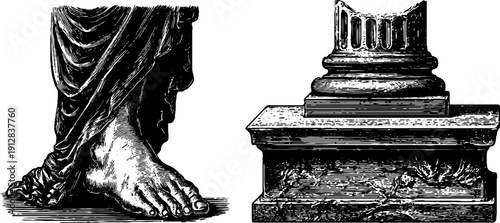 Ancient statue foot and pedestal fragment engraving - vintage art for design