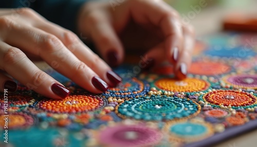 Hands arrange small colorful beads on fabric. Woman creates intricate pattern using craft supplies, focusing on detail. Hobbyist works on textile art project with tiny beads and thread.