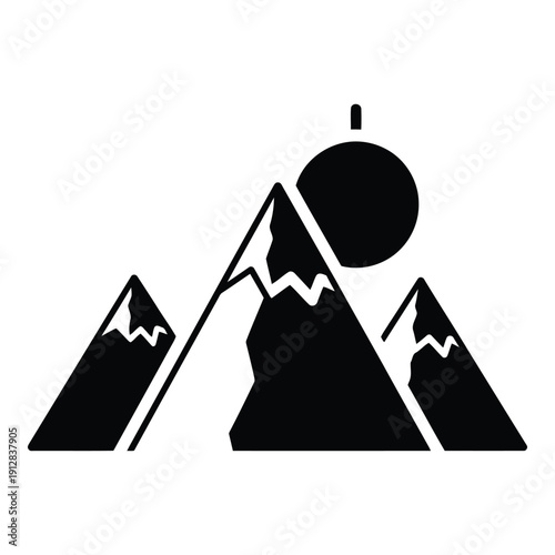 A striking black and white illustration of a mountain range with a sun isolated on white background, Vector
