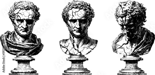 Vintage engraving of antique busts with cracked surface for historical art design