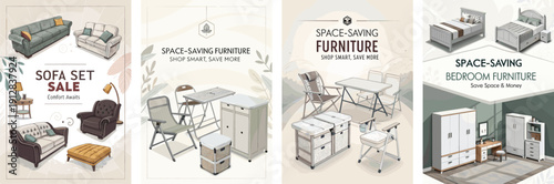 Promotional posters for space-saving furniture sales featuring stylish designs.
