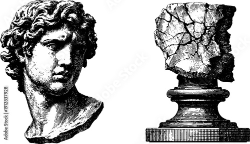 Vintage engraved illustrations of antique bust and cracked surface for retro design projects