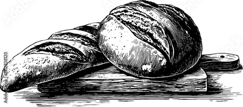 Vintage hand-drawn engraving of baker's bread loaf and peel set for culinary and artisan themes