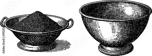 Vintage engraving of barley flour in sieve and bowl for culinary design