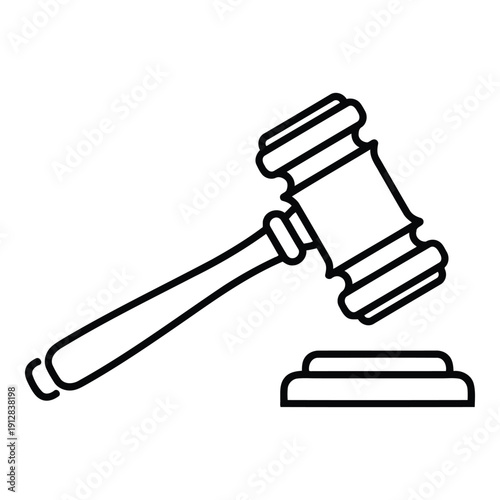 A black and white illustration of a judge's gavel resting on a sound block isolated on white background, Vector