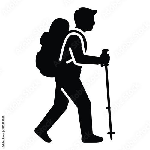 A silhouette of a person hiking with trekking poles and a backpack isolated on white background, Vector