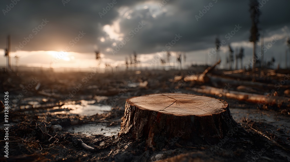 Obraz premium Single tree stump stands in the foreground of a devastated clear-cut forest with muddy ground and detailed bark texture under gloomy sunset.