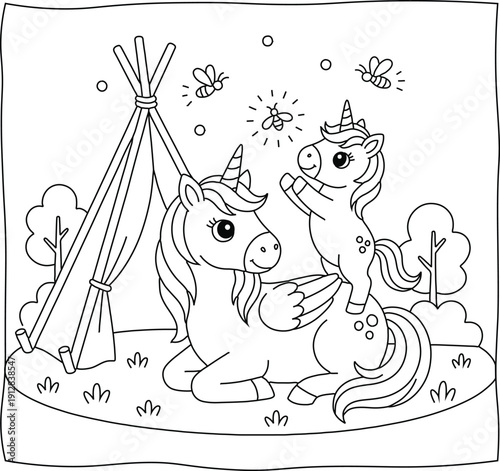 Cute mother and baby unicorn playing near a teepee tent, black and white coloring page illustration.