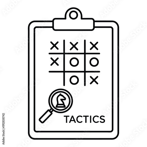 A clipboard with a tictactoe board and a magnifying glass examining tactics. isolated on white background, Vector