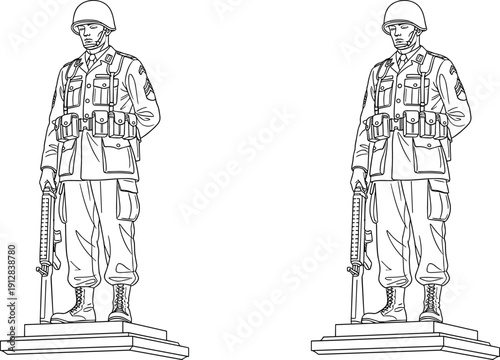 World War soldier statue line art vector illustration, military memorial monument outline drawing, armed forces tribute concept design