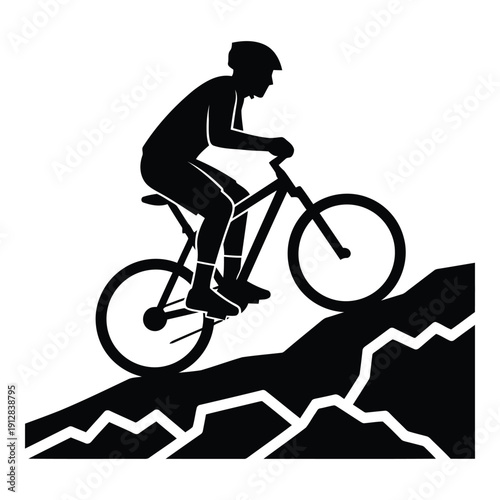 Mountain biker navigating a rocky trail with determination and skill isolated on white background, Vector