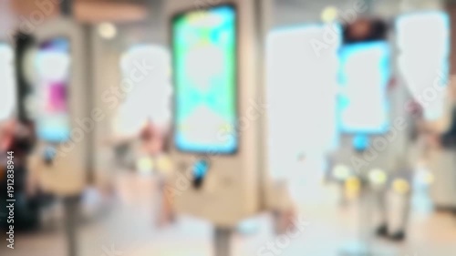 Wallpaper Mural Unfocused video of a modern fast-food interior. People order from digital kiosks with glowing menus. Ideal for backgrounds. Torontodigital.ca