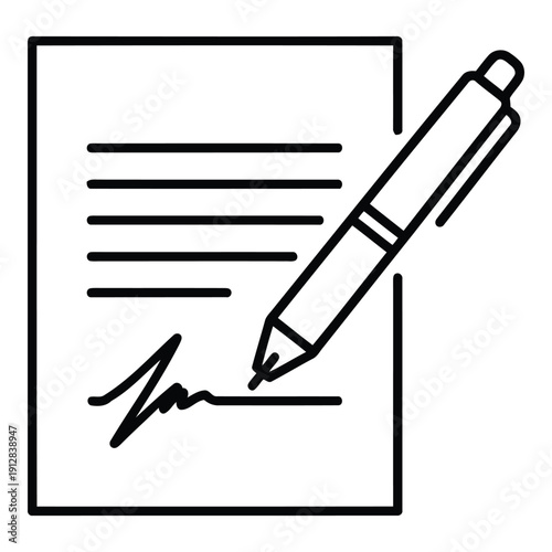 A stylized illustration of a pen signing a document, symbolizing agreement or contract. isolated on white background, Vector
