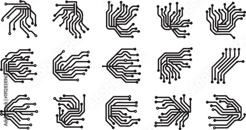 Circuit board hand illustrations in black and white lines