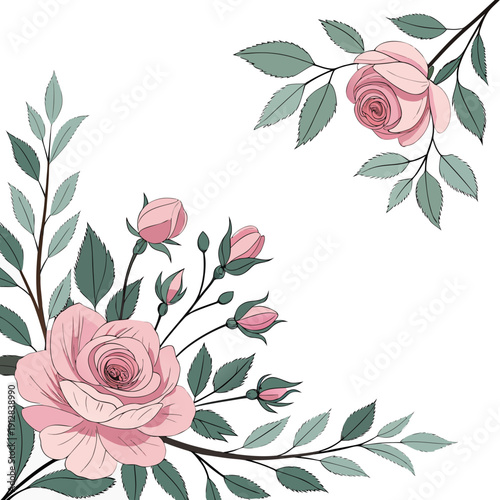 Pink roses with green leaves on branches floral botanical rose branches delicate petals soft colors
