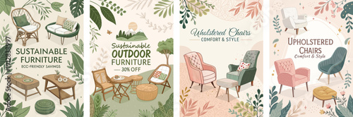 Promotional posters showcasing sustainable furniture designs with eco-friendly themes.