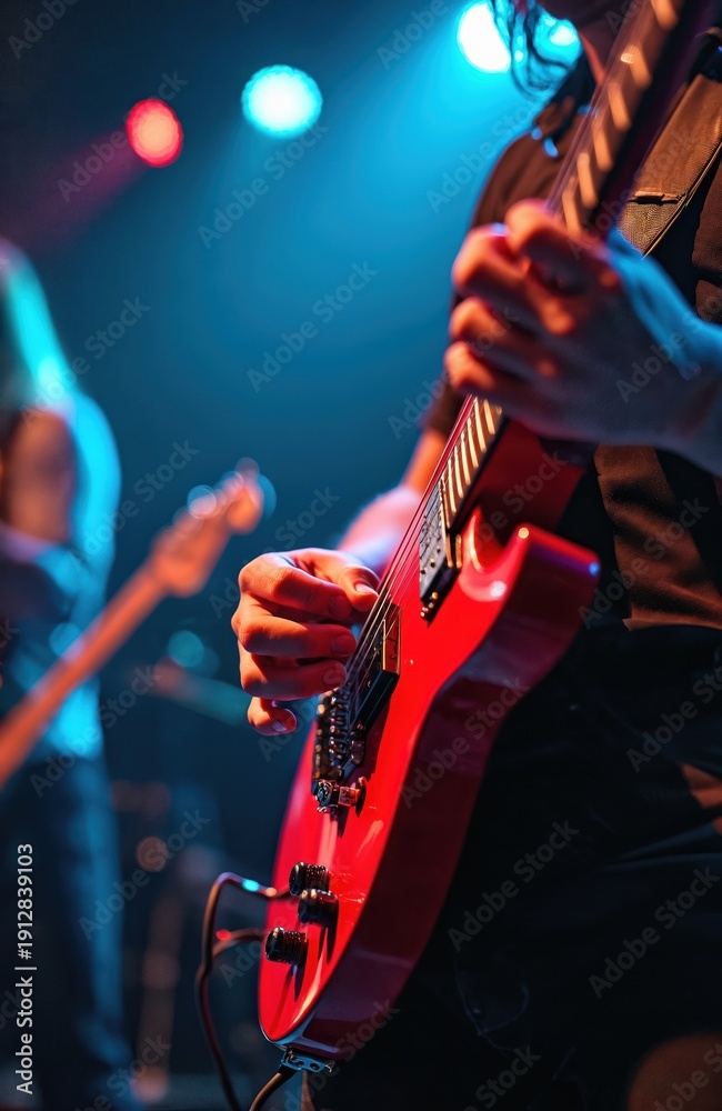 Obraz premium Musician plays red electric guitar on stage during concert. Another band member plays bass guitar. Stage lights illuminate performers in dark venue. Energetic live music event.