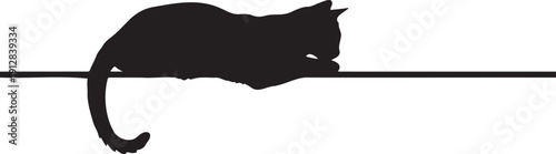 Vector silhouette of a sleek black cat lying on a thin horizontal line, isolated on a clean white background, ideal for pet-themed branding or minimalist design.