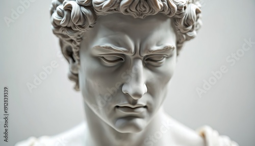 White marble bust of a man with furrowed brow. Classical sculpture conveys deep thought serious expression. Antique art piece represents history culture and humanism.