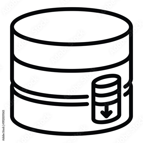 A black and white illustration of a database with an arrow pointing downward. isolated on white background, Vector