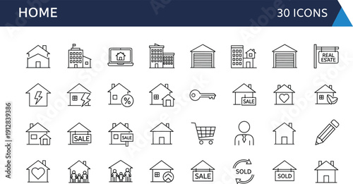 Professional Real Estate and Home Line Icon Set Featuring House Listings, Mortgage Symbols, Garage, Real Estate Signs, and Residential Property Icons for Web Design