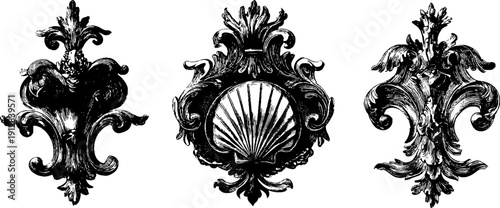 Elegant baroque ornament and scroll engraving set for vintage design and decoration