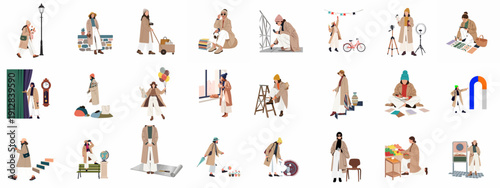 Minimalist vector set of stylish women characters performing everyday and professional lifestyle activities, hobbies, and tasks.