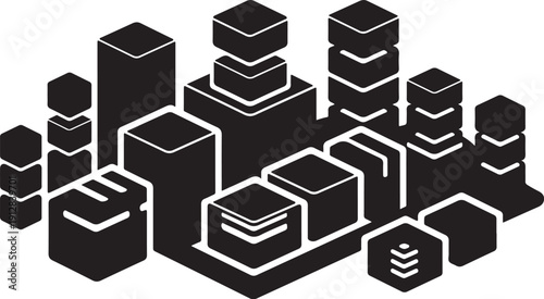 Black and white isometric cityscape with cube buildings rising