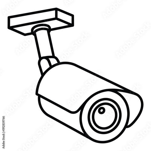 A black and white illustration of a surveillance camera mounted on a ceiling. isolated on white background, Vector