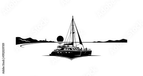 Elegant Yacht Silhouette with Moonlit Coastline