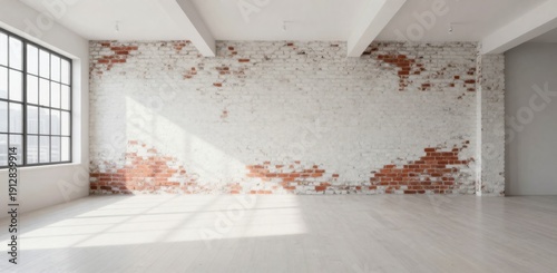 Bright spacious loft interior with exposed brick wall, concrete floor, white beams and large window