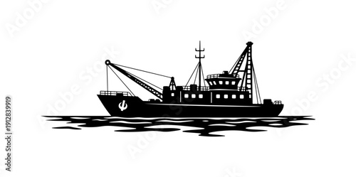 Black and White Vector Illustration of a Cargo Ship